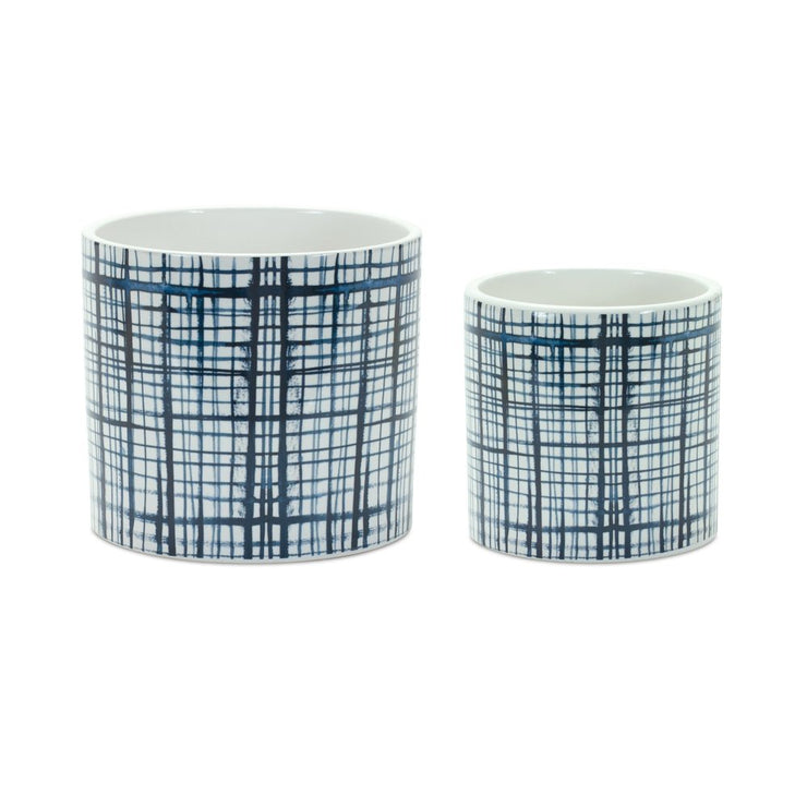 Set of Two White And Blue Ceramic Lattice 2 Ounce Round Pot Planters - Fluent Trends Indoor Planters