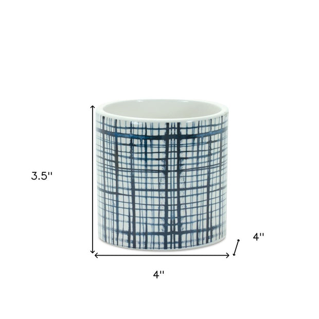 Set of Two White And Blue Ceramic Lattice 2 Ounce Round Pot Planters - Fluent Trends Indoor Planters