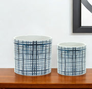 Set of Two White And Blue Ceramic Lattice 2 Ounce Round Pot Planters - Fluent Trends Indoor Planters