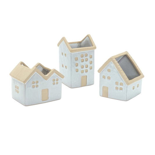 Set of Three White And Natural House Trio Pot Planters HomeRoots