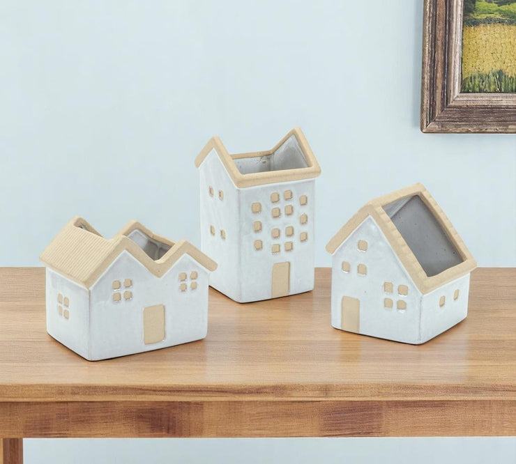 Set of Three White And Natural House Trio Pot Planters - Fluent Trends Indoor Planters