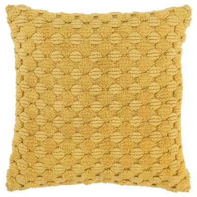 Yellow textured square throw pillow with geometric woven pattern
