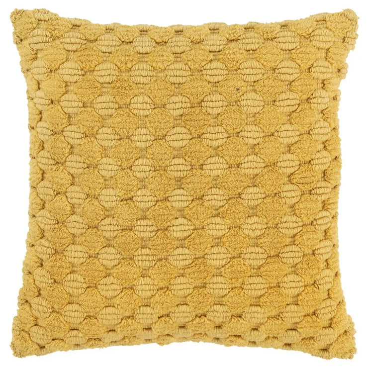 Yellow textured square throw pillow with geometric woven pattern