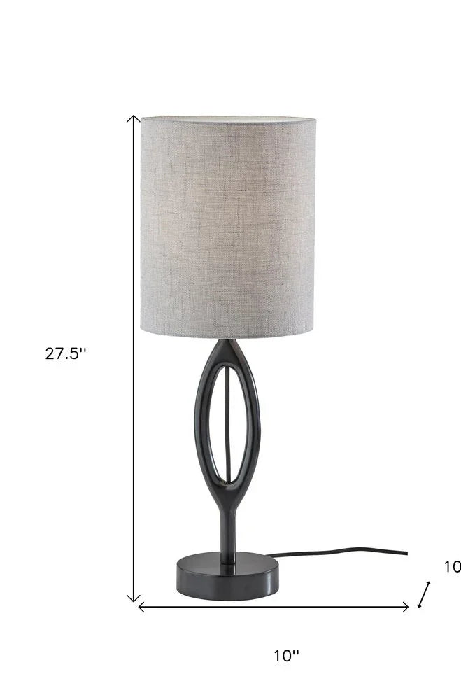 Technical dimension diagram for the black wood table lamp showing a total height of 27.5 inches and a 10-inch diameter gray drum shade.