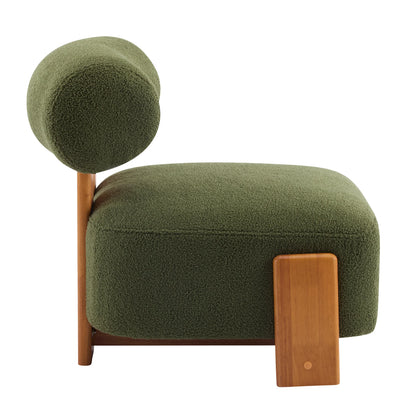 Modern green upholstered armchair with wooden accents and rounded backrest