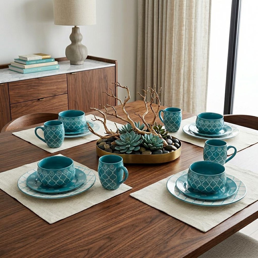 Turquoise Sixteen Piece Round Trellis Ceramic Service For Four Dinnerware Set