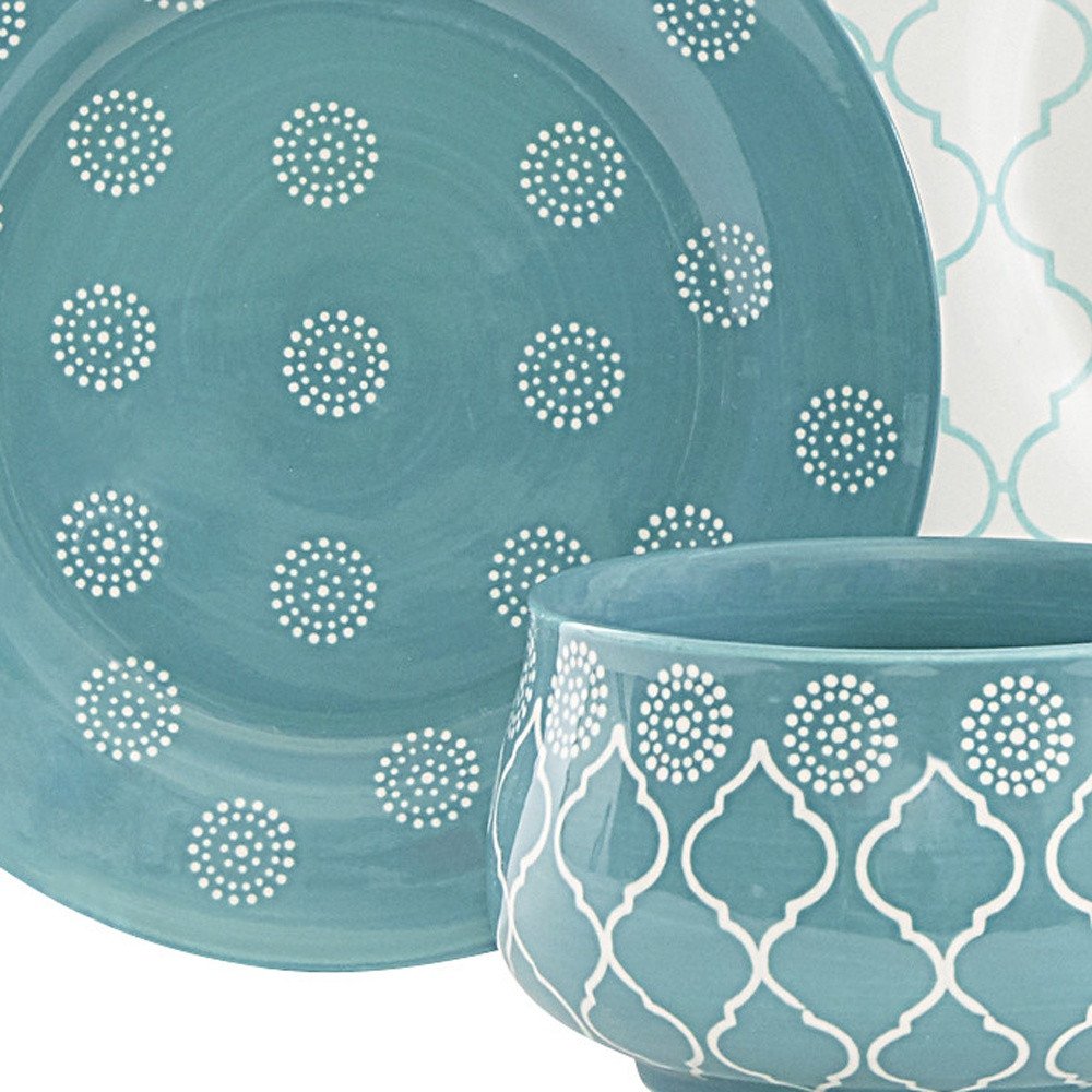 Turquoise Sixteen Piece Round Trellis Ceramic Service For Four Dinnerware Set - Fluent Trends