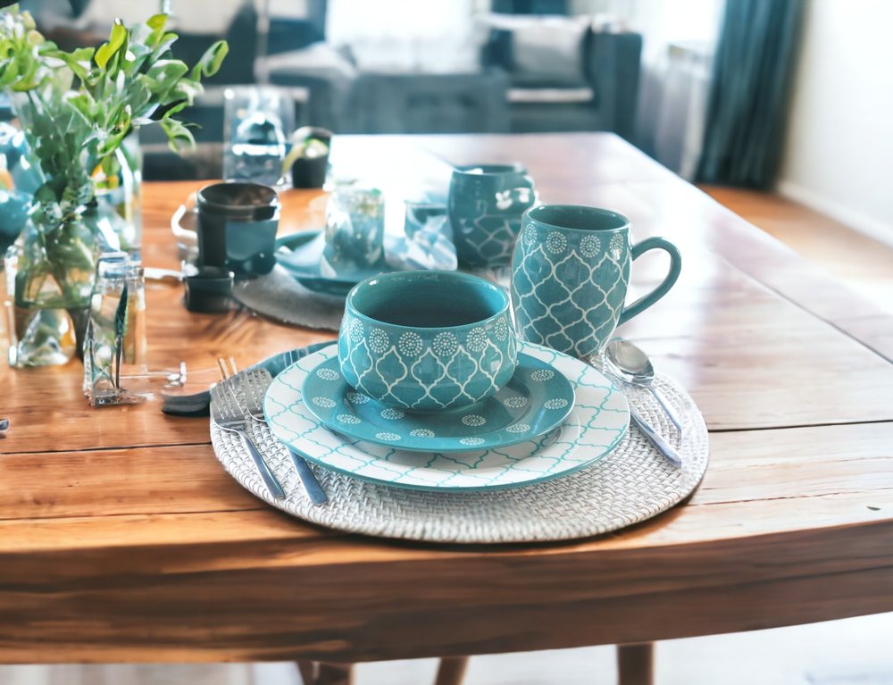 Turquoise Sixteen Piece Round Trellis Ceramic Service For Four Dinnerware Set - Fluent Trends