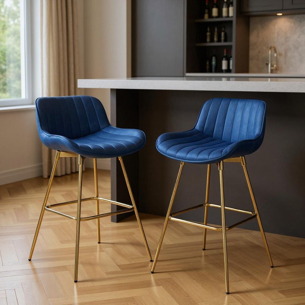 Aura Navy Velvet and Gold Swivel Bar Stools - Set of 2