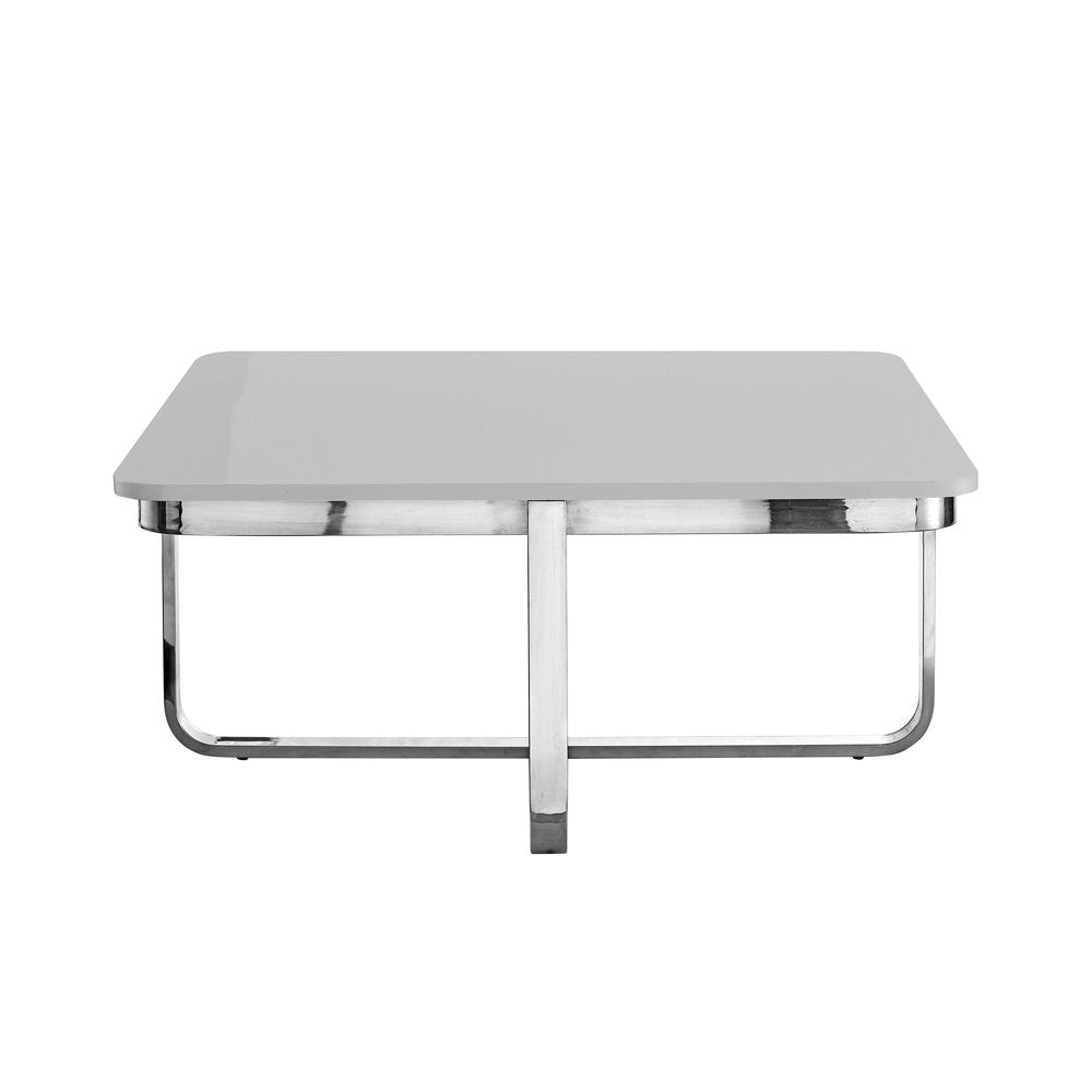 35" Light Gray And Silver Metallic Wood And Stainless Steel Square Coffee Table - Fluent Trends Coffee Tables