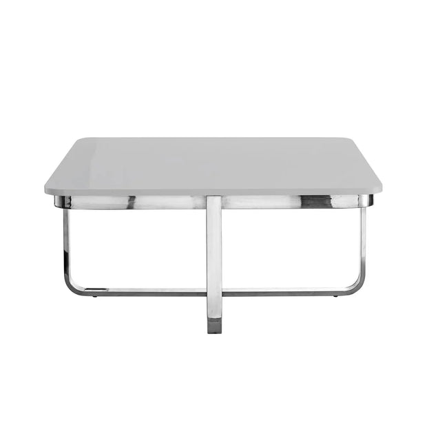 Modern square coffee table with glossy white top and chrome metal legs, minimalist design