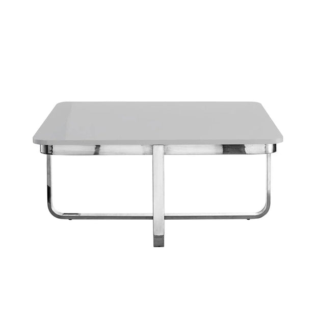35" Light Gray And Silver Metallic Wood And Stainless Steel Square Coffee Table - Fluent Trends