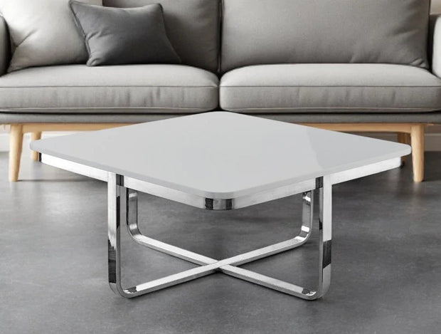 35" Light Gray And Silver Metallic Wood And Stainless Steel Square Coffee Table - Fluent Trends