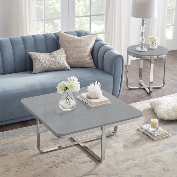 35" Light Gray And Silver Metallic Wood And Stainless Steel Square Coffee Table - Fluent Trends Coffee Tables