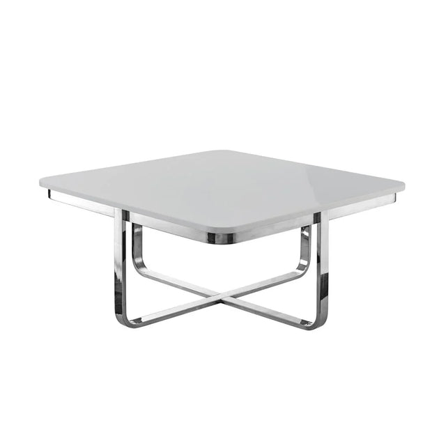 Modern square coffee table with glossy white top and chrome metal legs