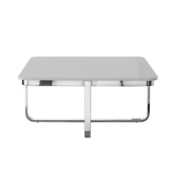 35" Light Gray And Silver Metallic Wood And Stainless Steel Square Coffee Table - Fluent Trends