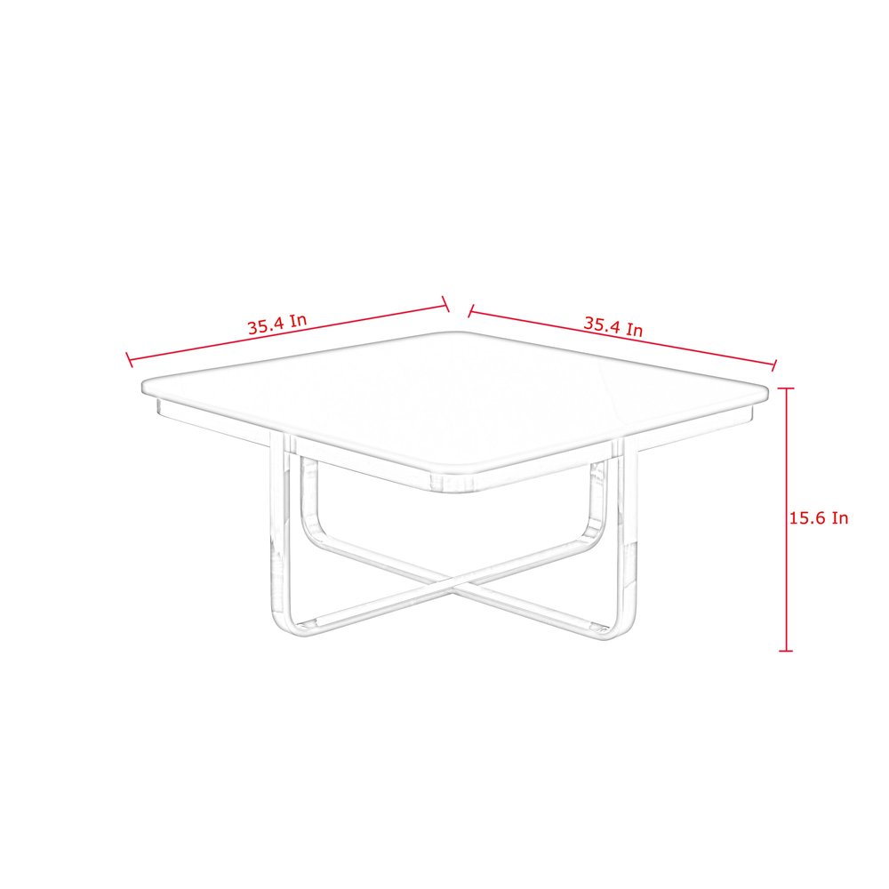Square coffee table with metal legs, dimensions 35.4x35.4x15.6 inches shown in red text.