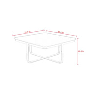 Square coffee table with metal legs, dimensions 35.4x35.4x15.6 inches shown in red text.