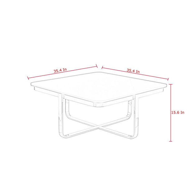 Square coffee table with metal legs, dimensions 35.4x35.4x15.6 inches shown in red text.