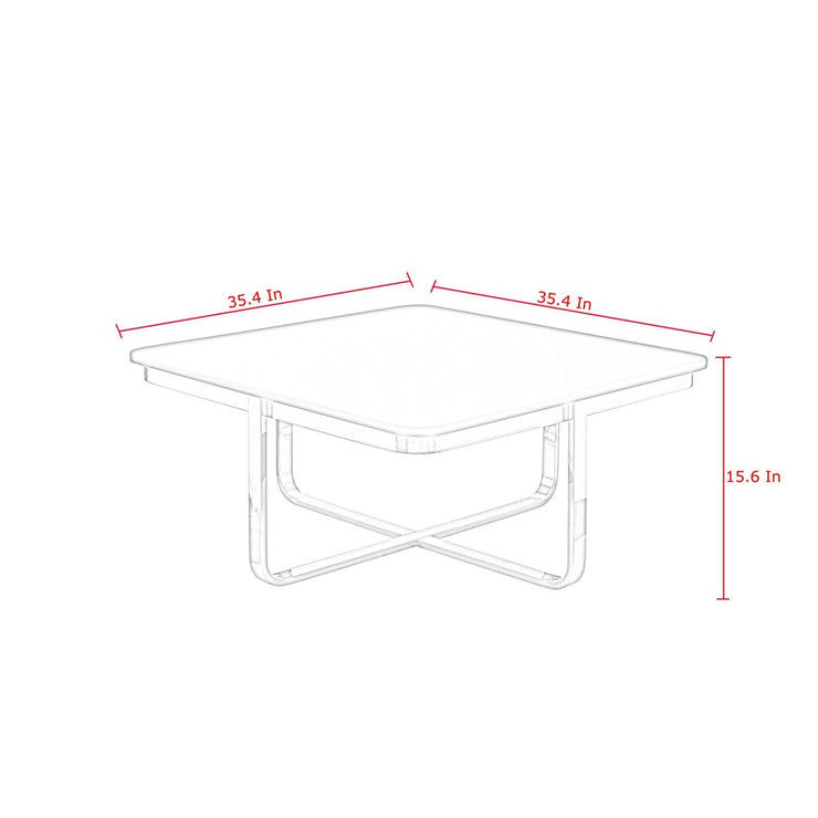 Square coffee table with metal legs, dimensions 35.4x35.4x15.6 inches shown in red text.