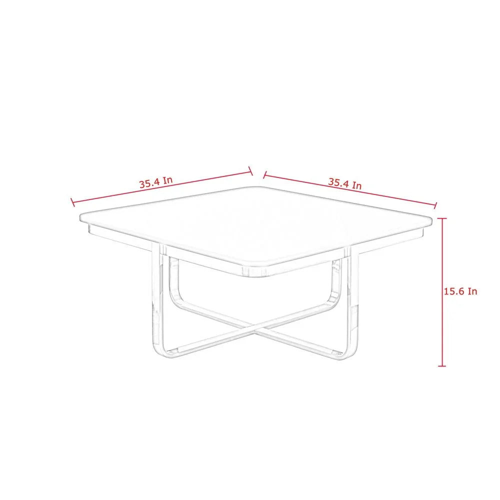 Square coffee table diagram with 35.4 inch width and 15.6 inch height measurements.
