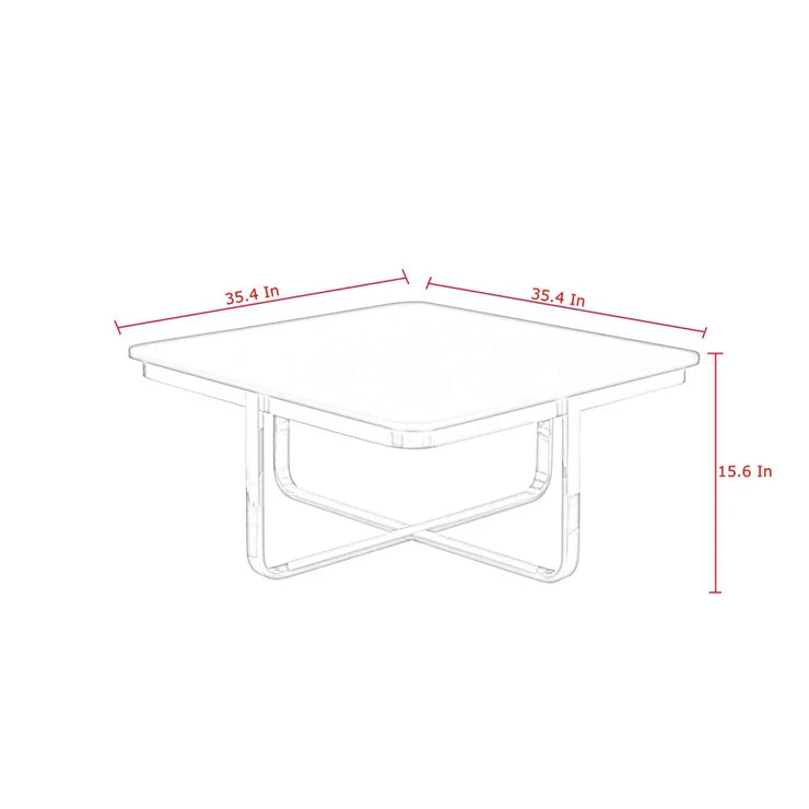 Square coffee table diagram with 35.4 inch width and 15.6 inch height measurements.