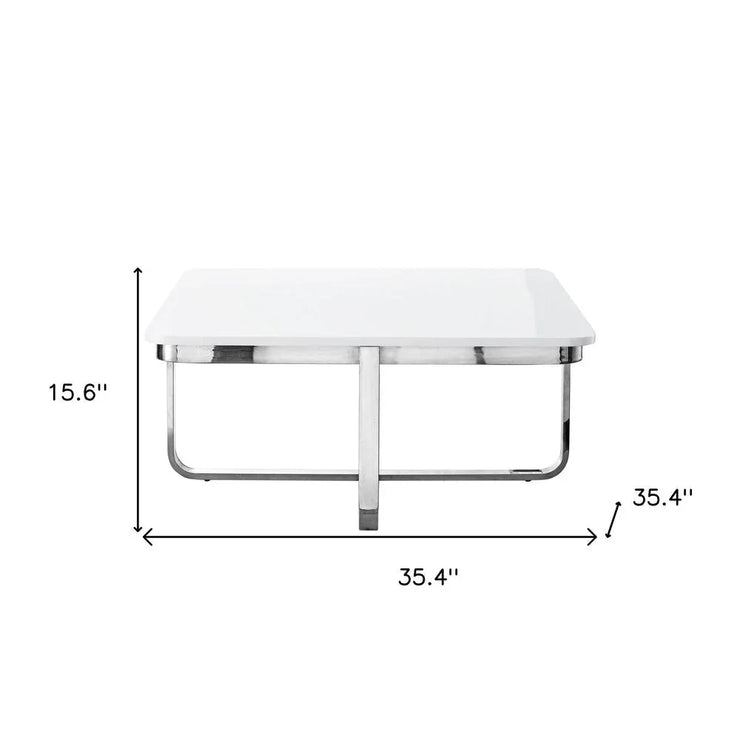 35" Light Gray And Silver Metallic Wood And Stainless Steel Square Coffee Table - Fluent Trends