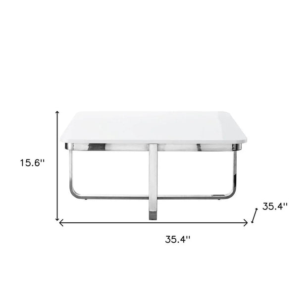 35" Light Gray And Silver Metallic Wood And Stainless Steel Square Coffee Table - Fluent Trends