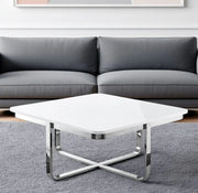 35" Light Gray And Silver Metallic Wood And Stainless Steel Square Coffee Table - Fluent Trends