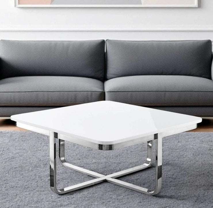 35" Light Gray And Silver Metallic Wood And Stainless Steel Square Coffee Table - Fluent Trends