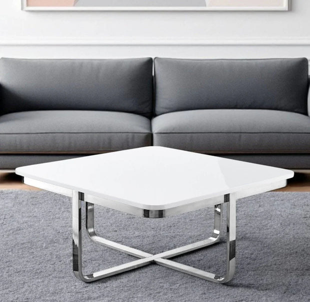 35" Light Gray And Silver Metallic Wood And Stainless Steel Square Coffee Table - Fluent Trends