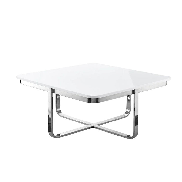 35" Light Gray And Silver Metallic Wood And Stainless Steel Square Coffee Table - Fluent Trends