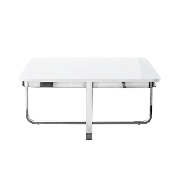 35" Light Gray And Silver Metallic Wood And Stainless Steel Square Coffee Table - Fluent Trends