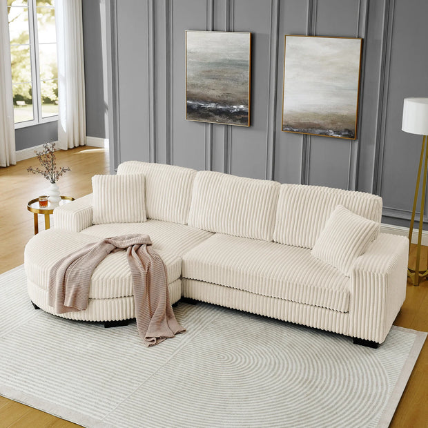 Modern Corduroy Tufted Sleeper Sectional Sofa - Modular L-Shape, Beige - Fluent Trends