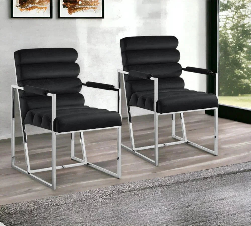 Modern black velvet accent chairs with chrome frames in stylish living room, Fluent Trends furniture