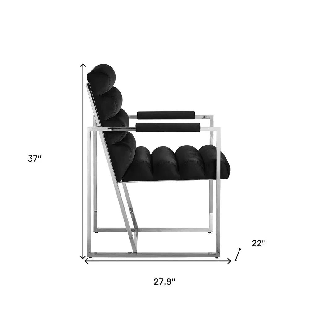 Modern black cushioned accent chair with chrome frame, dimensions 37x27.8x22 inches, Fluent Trends.