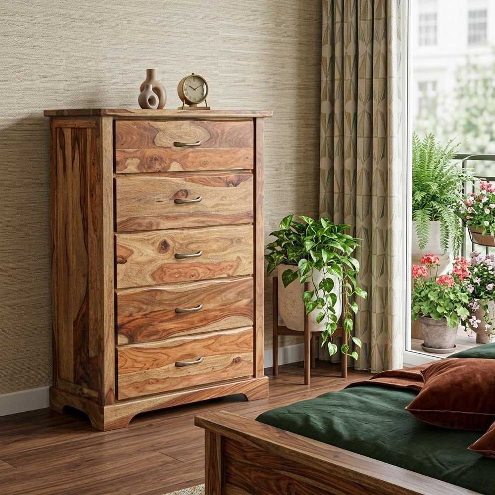 Solid Wood Live Edge Chest | Five-Drawer Sheesham Wood