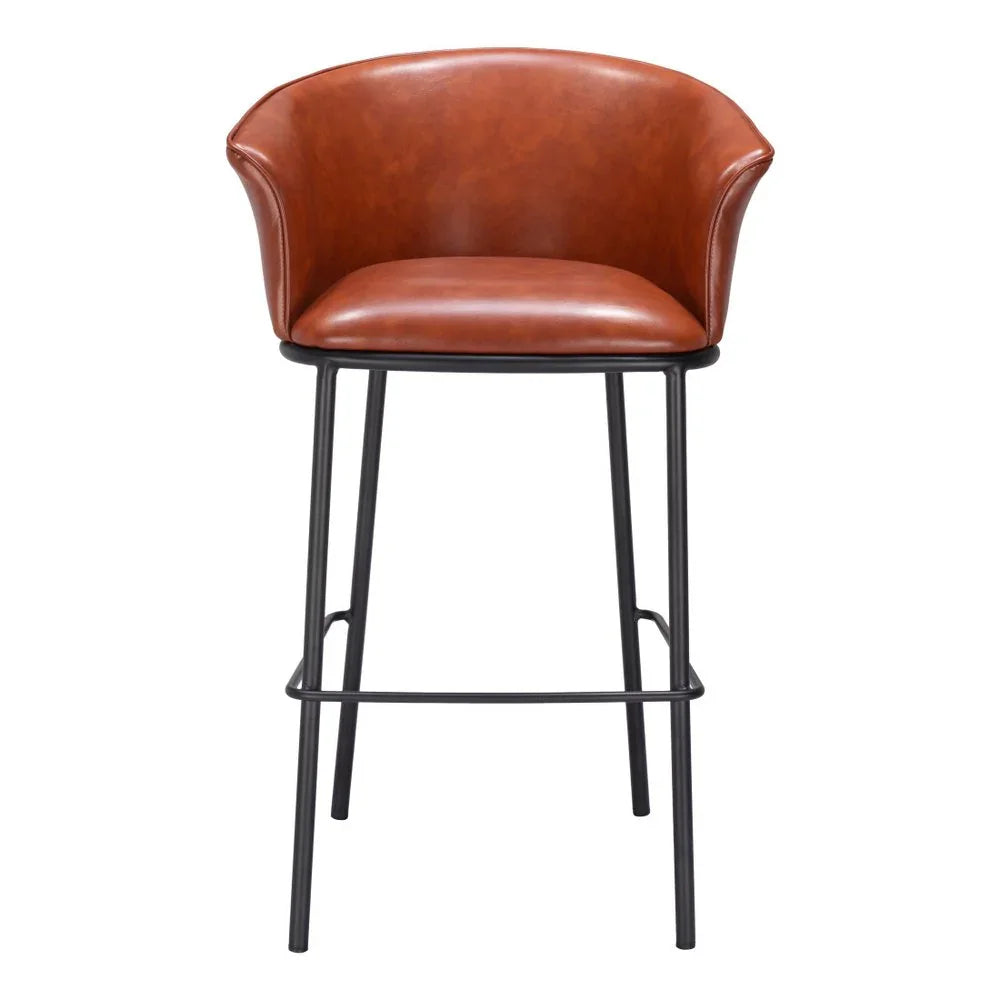 Left side profile of tan faux leather stool with integrated armrests