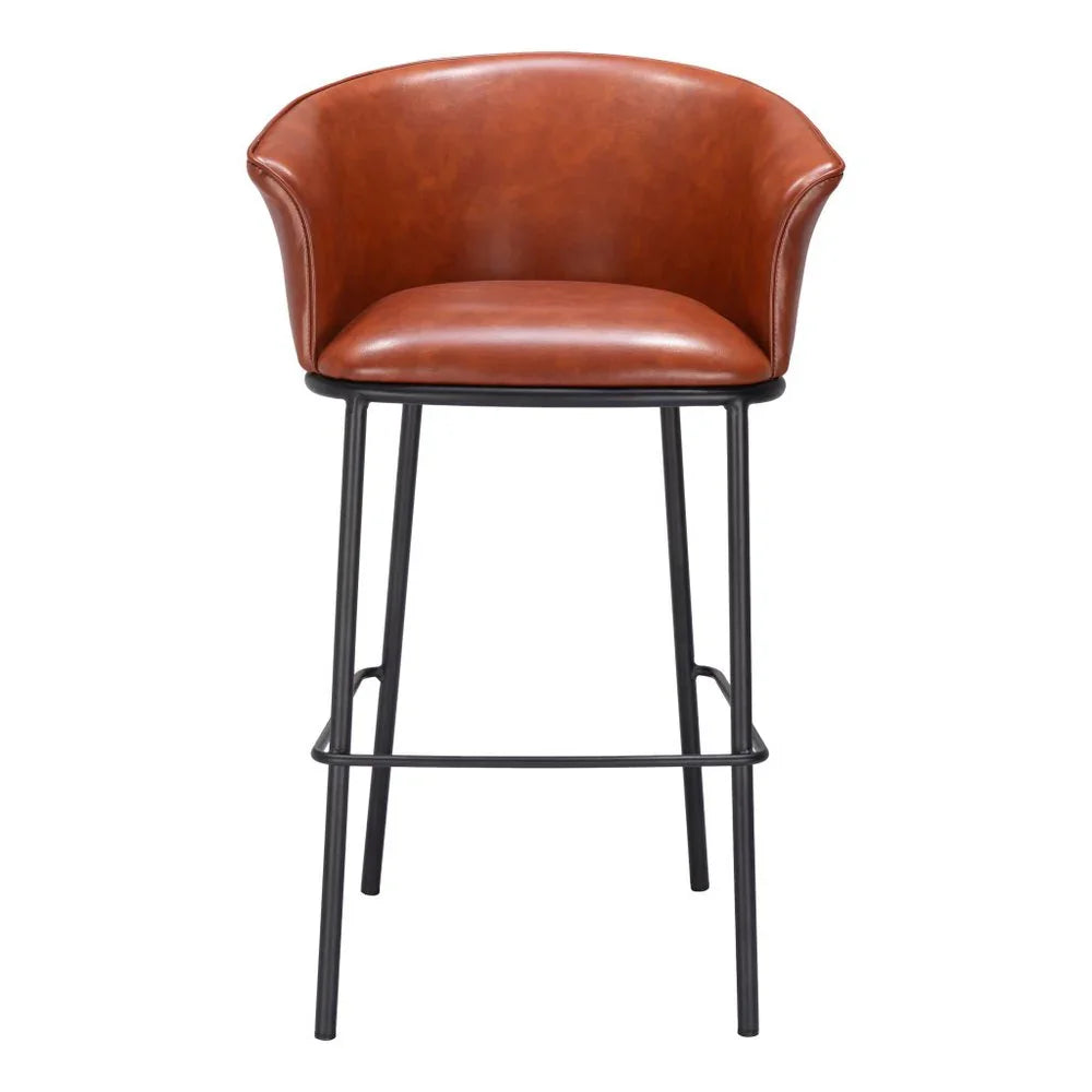 Front view of cognac faux leather bucket seat bar height chair