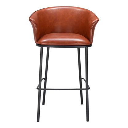 Front view of cognac faux leather bucket seat bar height chair