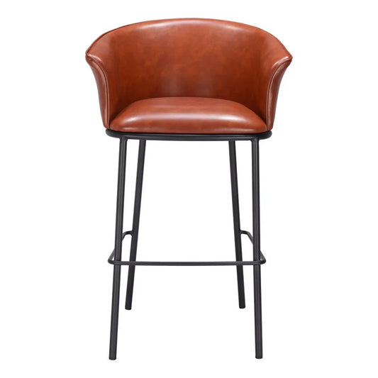 Front view of cognac faux leather bucket seat bar height chair