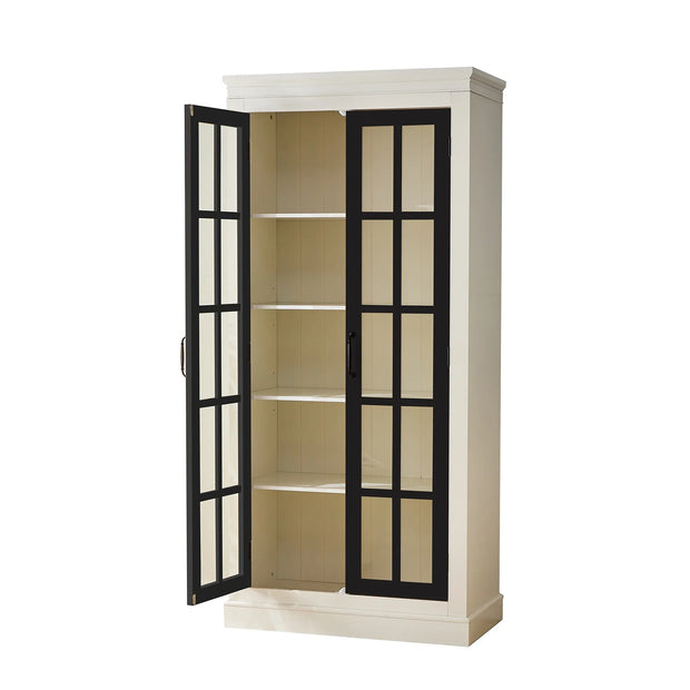 Rustic Style Display Curio Cabinet with Lattice Window Doors for Collectibles | White & Black - Fluent Trends