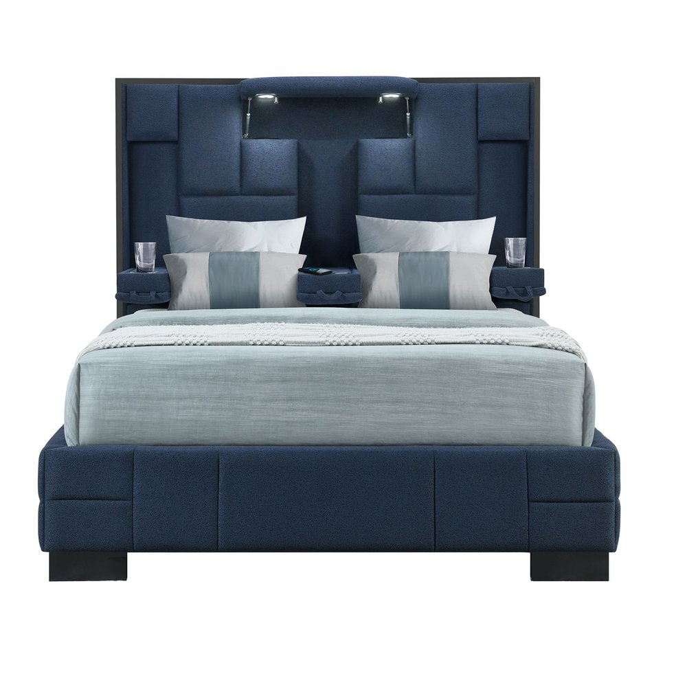 Navy Blue Upholstered Queen Tech Bed with Bluetooth
