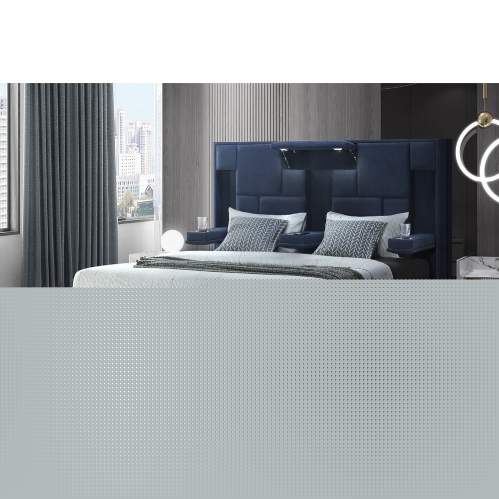 Navy Blue Upholstered Queen Tech Bed with Bluetooth