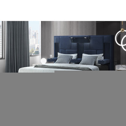 Navy Blue Upholstered Queen Tech Bed with Bluetooth