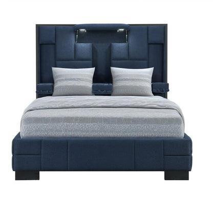 Navy Blue Upholstered Queen Tech Bed with Bluetooth