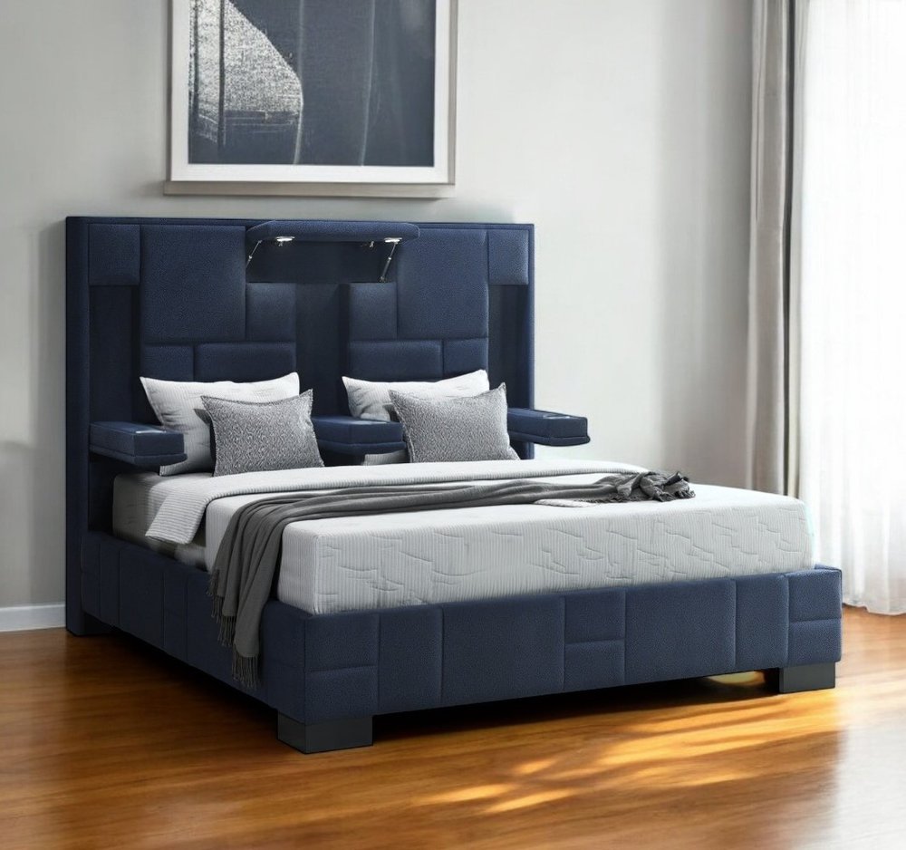 Navy Blue Upholstered Queen Tech Bed with Bluetooth