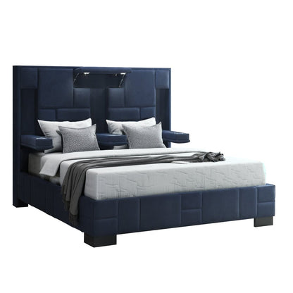 Navy Blue Upholstered Queen Tech Bed with Bluetooth