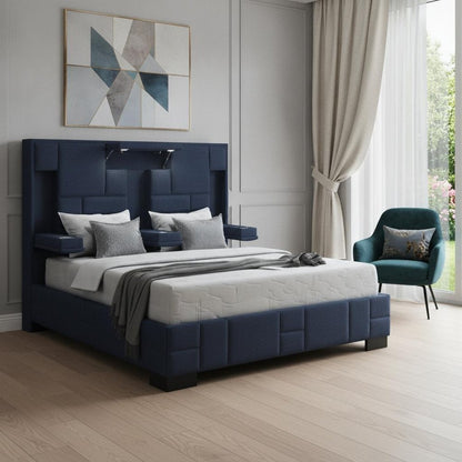 Navy Blue Upholstered Queen Tech Bed with Bluetooth