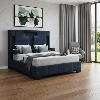 Navy Blue Upholstered Queen Tech Bed with Bluetooth